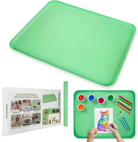 Extra Large Silicone Painting Mat for Crafts, 24"x 19" Waterproof Art Mat with Raised Sides for Paint, Clay Playdough, & Jewelry-Making (Green) in Saudi Arabia