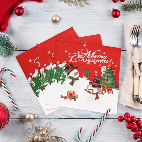 Christmas Snowman Luncheon Paper Napkins, Disposable 6.5 x 6.5 in, 80 Pack - Red Winter Holiday Party Napkin for Table Decor, Cute Xmas Dinner Supplies in Saudi Arabia