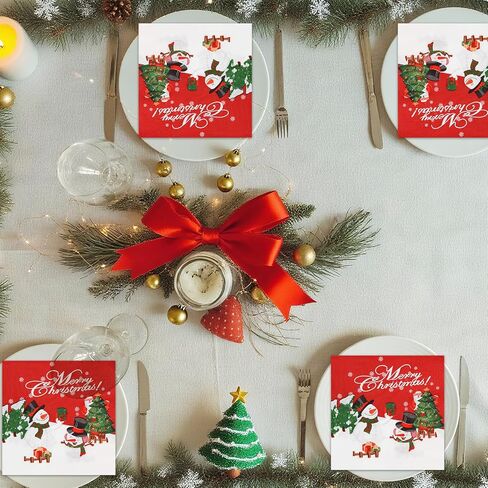 Christmas Snowman Luncheon Paper Napkins, Disposable 6.5 x 6.5 in, 80 Pack - Red Winter Holiday Party Napkin for Table Decor, Cute Xmas Dinner Supplies in Saudi Arabia