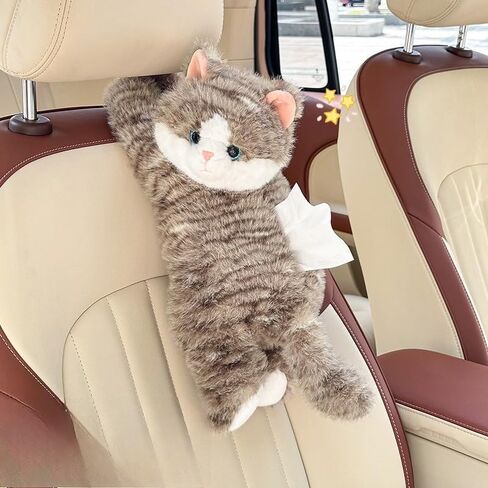 Cute Cat Car Tissue Box Cover with Plush Doll, Hanging Vehicle Interior Organizer, Adorable Auto Decoration & Practical Accessory (Grey) in Saudi Arabia