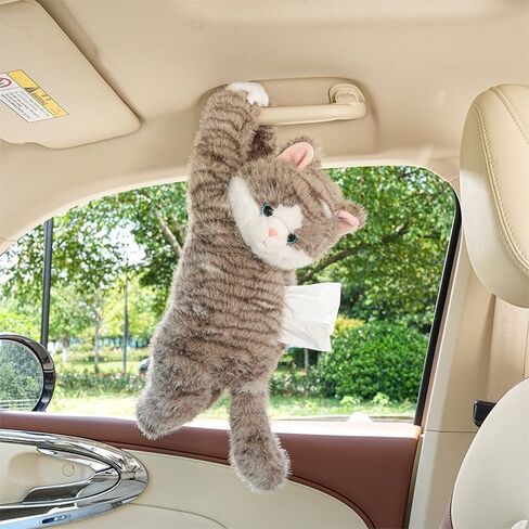 Cute Cat Car Tissue Box Cover with Plush Doll, Hanging Vehicle Interior Organizer, Adorable Auto Decoration & Practical Accessory (Grey) in Saudi Arabia