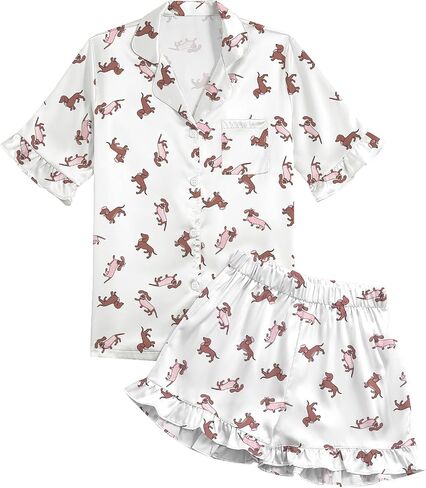 Umenlele Women's Satin Silky Collar V Neck Ruffle Short Sleeve Top and Shorts Sleepwear PJs Pajamas Set in Saudi Arabia