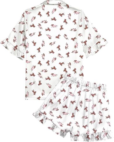Umenlele Women's Satin Silky Collar V Neck Ruffle Short Sleeve Top and Shorts Sleepwear PJs Pajamas Set in Saudi Arabia