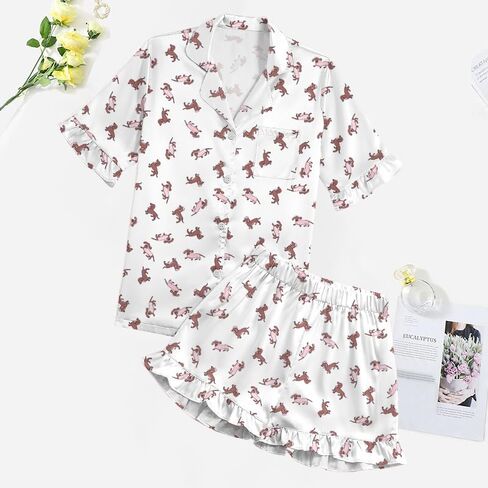 Umenlele Women's Satin Silky Collar V Neck Ruffle Short Sleeve Top and Shorts Sleepwear PJs Pajamas Set in Saudi Arabia