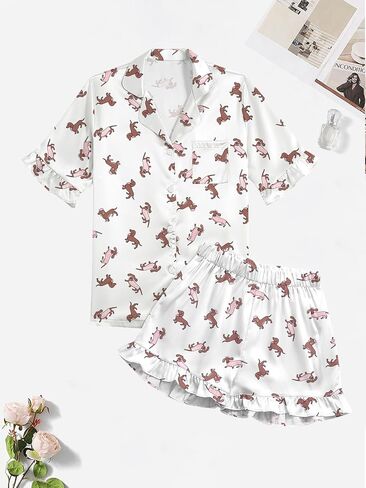 Umenlele Women's Satin Silky Collar V Neck Ruffle Short Sleeve Top and Shorts Sleepwear PJs Pajamas Set in Saudi Arabia