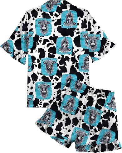 Umenlele Women's Satin Silky Collar V Neck Ruffle Short Sleeve Top and Shorts Sleepwear PJs Pajamas Set in Kuwait