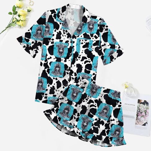 Umenlele Women's Satin Silky Collar V Neck Ruffle Short Sleeve Top and Shorts Sleepwear PJs Pajamas Set in Kuwait