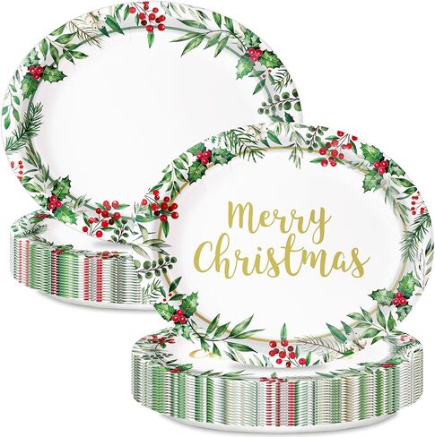 Oigco 30 PCS Christmas Paper Plates, Large 9" x 11" Oval Holly Plates Xmas Dinnerware for Christmas Holiday Party Decorations in Saudi Arabia