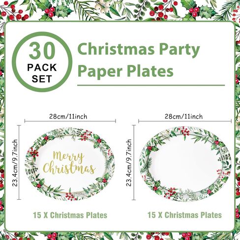 Oigco 30 PCS Christmas Paper Plates, Large 9" x 11" Oval Holly Plates Xmas Dinnerware for Christmas Holiday Party Decorations in Saudi Arabia