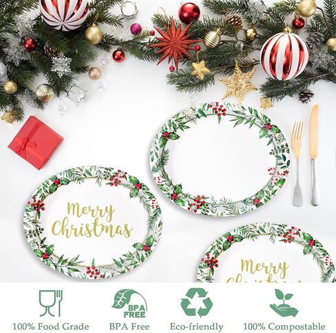 Oigco 30 PCS Christmas Paper Plates, Large 9" x 11" Oval Holly Plates Xmas Dinnerware for Christmas Holiday Party Decorations in Saudi Arabia