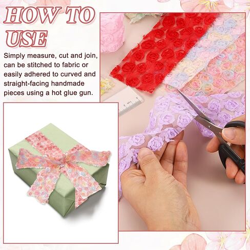 uxcell 2PCS Lace Trim Ribbon, 2.36 inch - 1 Yard 3D Rose Floral Embroidery Ribbons Edge Trimming for Sewing, Wedding Dress, DIY Crafts, Decoration Accessories, Pink Rose in Kuwait