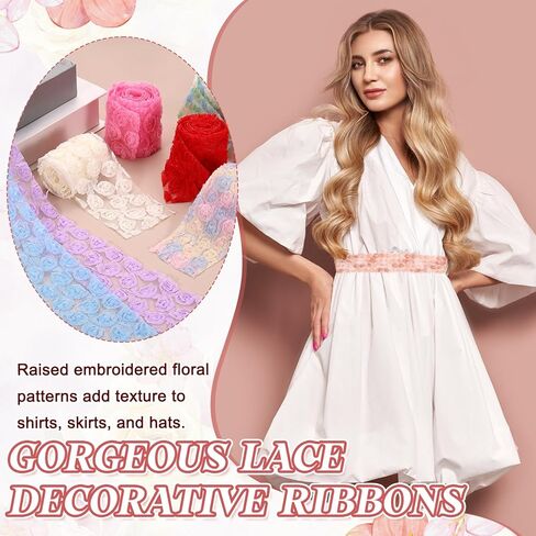 uxcell 2PCS Lace Trim Ribbon, 2.36 inch - 1 Yard 3D Rose Floral Embroidery Ribbons Edge Trimming for Sewing, Wedding Dress, DIY Crafts, Decoration Accessories, Pink Rose in Kuwait