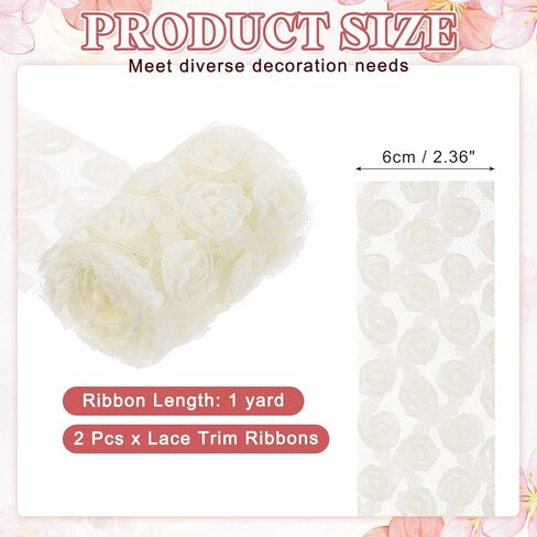 uxcell 2PCS Lace Trim Ribbon, 2.36 inch - 1 Yard 3D Rose Floral Embroidery Ribbons Edge Trimming for Sewing, Wedding Dress, DIY Crafts, Decoration Accessories, Pink Rose in Kuwait