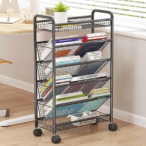 Mobile Book Cart with Wheels Compact Desktop Organizer Metal Stand Corner Display Shelf Rolling Storage Shelf for Home and Office,White,6 Tier in Saudi Arabia