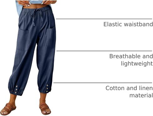 Womens Casual Linen Pants Summer Drawstring Elastic Loose Capri Trousers High Waisted Wide Leg Baggy Slacks in Saudi Arabia