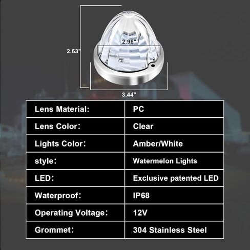 2Pcs Dual Color Amber/White Watermelon Lights Amber Turn Signal Marker to White Auxiliary Interior Dome Lights Lamps for Semi Truck, w/Reflector Flush Mount Clear Lens Stainless Bezel in Saudi Arabia