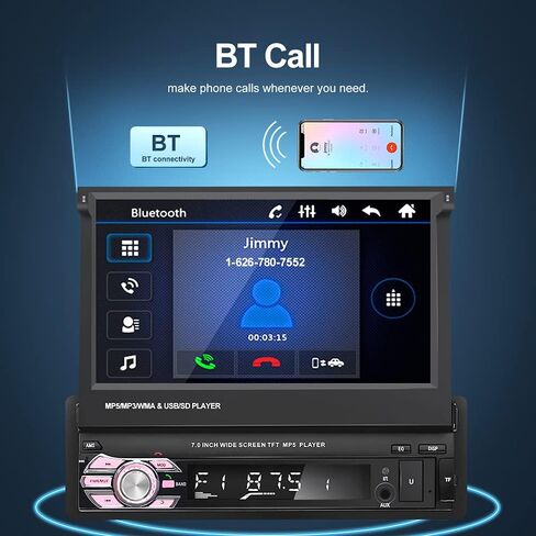 Single Din Car Stereo Apple Carplay and Android Auto 1 Din 7 inch Flip Out Touchscreen Car Radio with Bluetooth and Mic in Kuwait