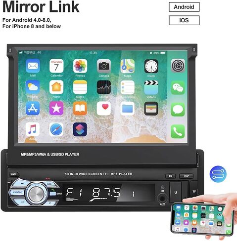 Single Din Car Stereo Apple Carplay and Android Auto 1 Din 7 inch Flip Out Touchscreen Car Radio with Bluetooth and Mic in Kuwait