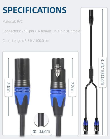 Awsyhom Balanced XLR Y Splitter Cable, XLR Microphone Cable, Male to 2 Female XLR Splitter, 3-Pin XLR Plugs to Dual XLR Jack Adaptor Cord, 3.3 Foot, Blue in Saudi Arabia