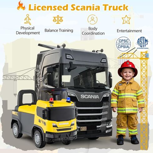 Costzon Ride On Push Car، شاحنة إطفاء سكانيا مرخصة للأطفال الصغار مع صفارات الإنذار، القرن، الموسيقى، الأضواء، تخزين تحت المقعد، سيارة منزلقة من القدم إلى الأرض، ألعاب ركوب للأطفال للأولاد والبنات بعمر 18 شهرًا فما فوق in Kuwait