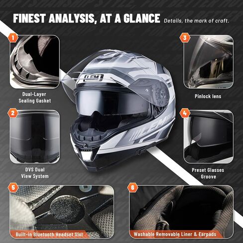 LEM Motorcycle Helmets Full Face, Helmets for Men DOT Certified, PINLOCK & DVS Dual Vision, Motorcycle Street Bike Helmet for Adults Fiberglass Shell Bluetooth Ready for Cruiser(Rally Navy, Size XL) in Saudi Arabia