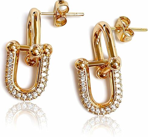 Interlocking Link Convertible Paperclip Round Two Drop Dangled Huggie Small Hoops, Champagne Gold Plated Cubic Zirconia CZ Geometric Minimalist Hypoallergenic for Sensitive Ears Skin for Women in Saudi Arabia
