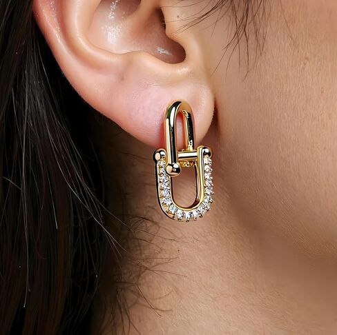 Interlocking Link Convertible Paperclip Round Two Drop Dangled Huggie Small Hoops, Champagne Gold Plated Cubic Zirconia CZ Geometric Minimalist Hypoallergenic for Sensitive Ears Skin for Women in Saudi Arabia
