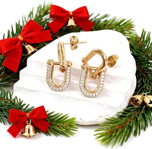 Interlocking Link Convertible Paperclip Round Two Drop Dangled Huggie Small Hoops, Champagne Gold Plated Cubic Zirconia CZ Geometric Minimalist Hypoallergenic for Sensitive Ears Skin for Women in Saudi Arabia