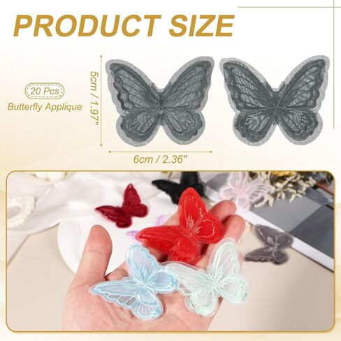 2" Butterfly Applique, 20 Pcs Butterfly Patches Fabric Butterflies 2-Layer Organza Lace Trim Embroidery, Best for Hair Decorative/Wedding Dress/Sewing DIY Craft, Red in Saudi Arabia