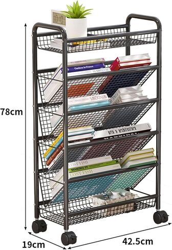 Mobile Book Cart with Wheels Compact Desktop Organizer Metal Stand Corner Display Shelf Rolling Storage Shelf for Home and Office,White,6 Tier in Saudi Arabia