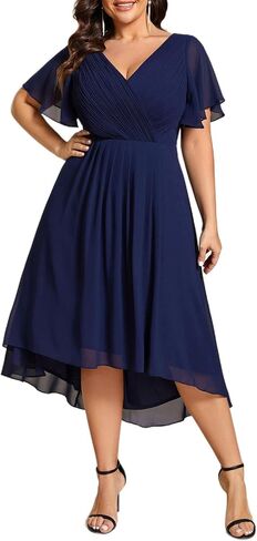 Ever-Pretty Women's A Line Ruched V Neck Short Sleeves Knee Length Plus Size Wedding Guest Dress 01923-DA in Saudi Arabia