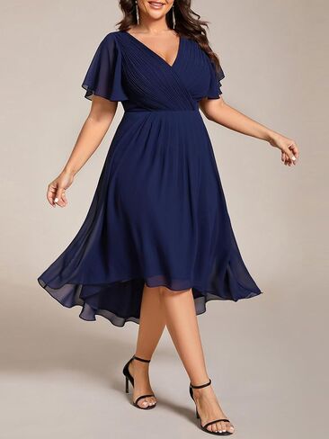 Ever-Pretty Women's A Line Ruched V Neck Short Sleeves Knee Length Plus Size Wedding Guest Dress 01923-DA in Saudi Arabia