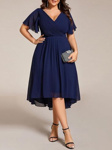 Ever-Pretty Women's A Line Ruched V Neck Short Sleeves Knee Length Plus Size Wedding Guest Dress 01923-DA in Saudi Arabia