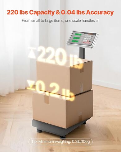 مقياس منصة رقمي للحوسبة من VEVOR، تحميل 220 رطل، دقة 0.04 رطل، مقياس أرضي إلكتروني مع LB/KG، Tare، حاسبة السعر، مصدر طاقة AC/DC، مناسب للأمتعة، الشحن، الطرود، البريد in Kuwait