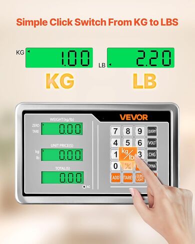مقياس منصة رقمي للحوسبة من VEVOR، تحميل 220 رطل، دقة 0.04 رطل، مقياس أرضي إلكتروني مع LB/KG، Tare، حاسبة السعر، مصدر طاقة AC/DC، مناسب للأمتعة، الشحن، الطرود، البريد in Kuwait