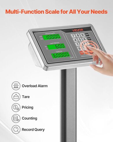 مقياس منصة رقمي للحوسبة من VEVOR، تحميل 220 رطل، دقة 0.04 رطل، مقياس أرضي إلكتروني مع LB/KG، Tare، حاسبة السعر، مصدر طاقة AC/DC، مناسب للأمتعة، الشحن، الطرود، البريد in Kuwait