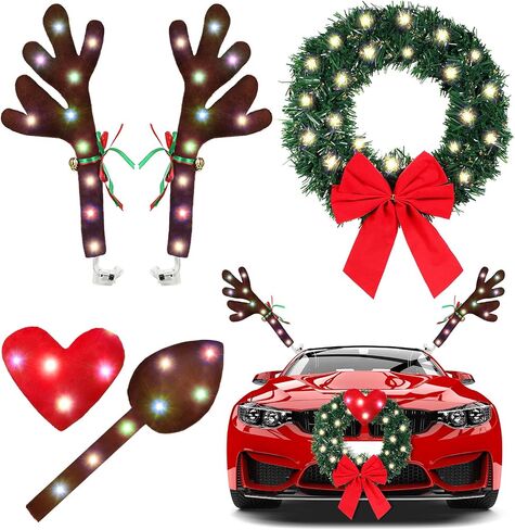 Frienda Christmas Reindeer Antlers Car Kit Candy Cane Antler Christmas Hanging Pendant Candy Nose Santa Claus Legs and Xmas Wreath with LED for Xmas Car Decorations in Saudi Arabia