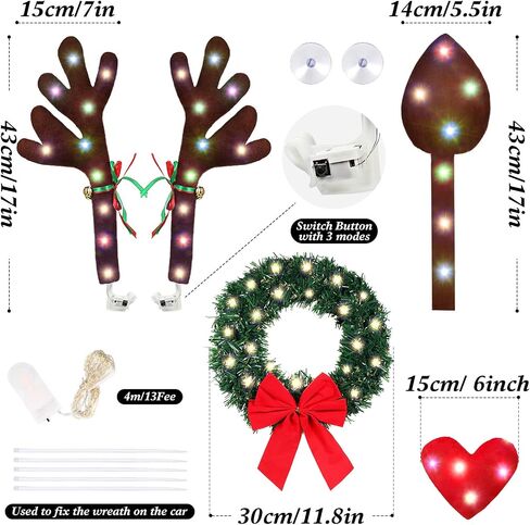 Frienda Christmas Reindeer Antlers Car Kit Candy Cane Antler Christmas Hanging Pendant Candy Nose Santa Claus Legs and Xmas Wreath with LED for Xmas Car Decorations in Saudi Arabia