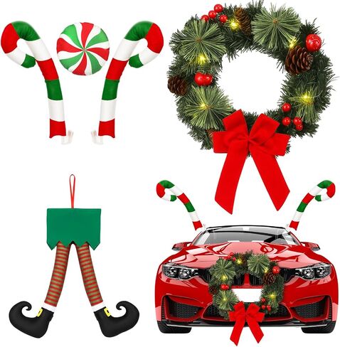 Frienda Christmas Reindeer Antlers Car Kit Candy Cane Antler Christmas Hanging Pendant Candy Nose Santa Claus Legs and Xmas Wreath with LED for Xmas Car Decorations in Saudi Arabia