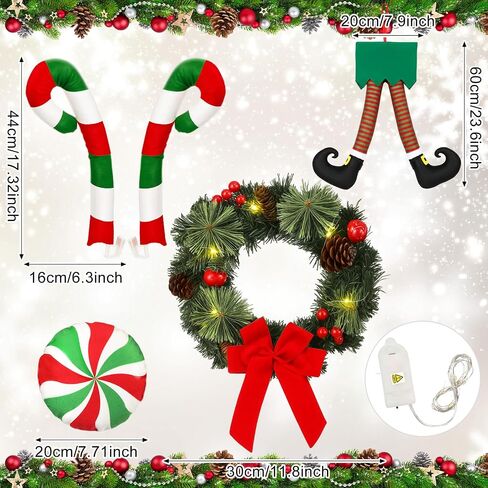 Frienda Christmas Reindeer Antlers Car Kit Candy Cane Antler Christmas Hanging Pendant Candy Nose Santa Claus Legs and Xmas Wreath with LED for Xmas Car Decorations in Saudi Arabia