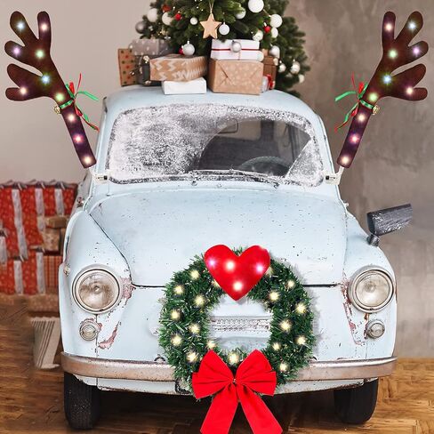 Frienda Christmas Reindeer Antlers Car Kit Candy Cane Antler Christmas Hanging Pendant Candy Nose Santa Claus Legs and Xmas Wreath with LED for Xmas Car Decorations in Saudi Arabia