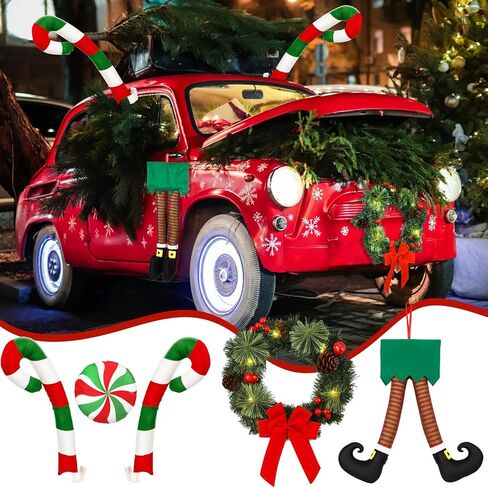 Frienda Christmas Reindeer Antlers Car Kit Candy Cane Antler Christmas Hanging Pendant Candy Nose Santa Claus Legs and Xmas Wreath with LED for Xmas Car Decorations in Saudi Arabia