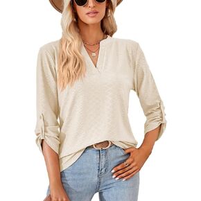 YATHON Women's 3/4 Sleeve V Neck Shirts Business Casual Tops Loose Work Blouses