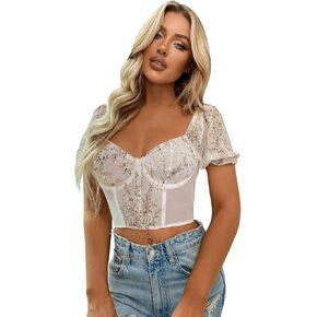 SweatyRocks Women's Floral Print Short Puff Sleeve Sweetheart Neck Chiffon Crop Top
