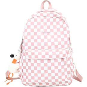 Y2K Aesthetic Checkered Backpack with Kawaii Pendant Checkerboard Backpack Cute Preppy Laptop Backpack Light Rucksack (One Size,Pink)