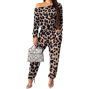 xxxiticat Women's Off Shoulder Camo Jumpsuit Long Sleeve Drawstring Waist Plaid Leopard Print Club Casual Rompers