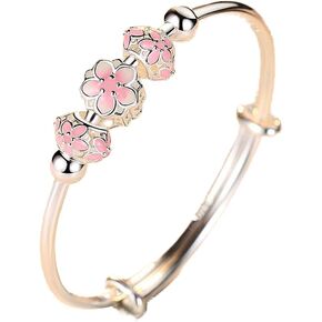 Gixaxak Fashion Plated S925 Sterling Silver Cherry Blossom Bracelet Bracelet Lucky Transfer Bangle Silver Beads Bangle Transfer Pink Beads Bracelet Cuff Open Design Pink Flower Bangle Bracelet