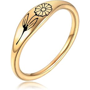 Birth Flower Ring Carnations Personalized Gift for Women Stainless Steel Based Gold Thin Slim Band Ring Size 6-9