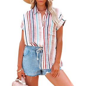 Womens Button Down Shirts Short Sleeve Summer Linen V Neck Collared Stripes Casual Blouses Tops with Pocket