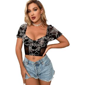 SweatyRocks Women's Floral Print Short Puff Sleeve Sweetheart Neck Chiffon Crop Top